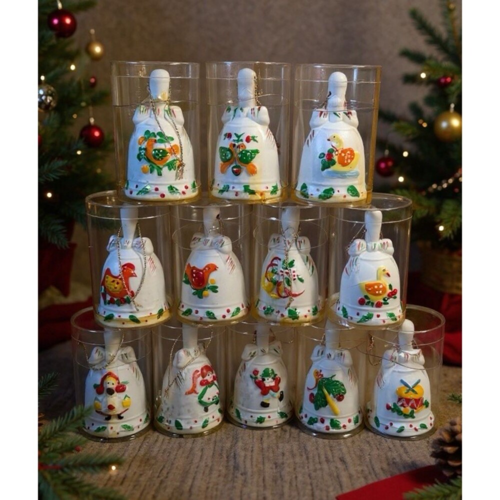 Vtg JC Penney 12 Days Of Christmas Ceramic Bell Ornaments 90s complete set